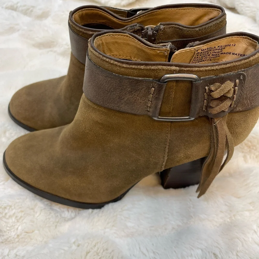 Kensie Masola Womens 8M Leather Ankle Boots Fringe Heels Bootie Brown Suede